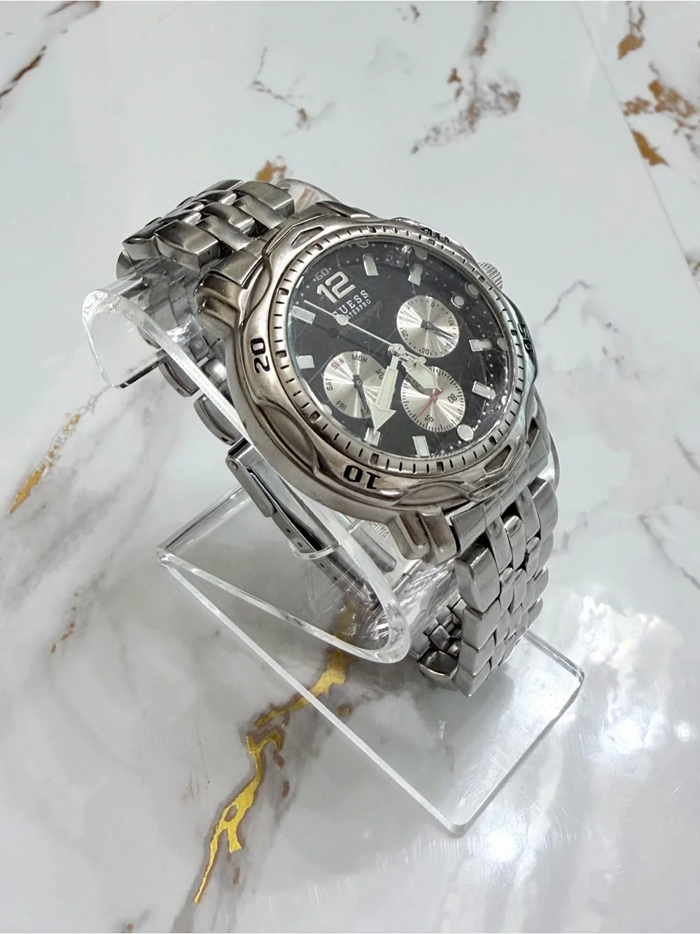 Guess Waterpro Chronograph Watch Men's Silver Tone Day Date Stainless Steel